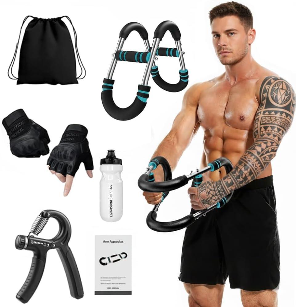 Livingstones Designs 5-in-1 Twister Arm Trainer with Bag, Gloves Pair, Bottle & Hand Gripper, Adjustable Chest Workout Equipment, Arm Trainer for Men, Chest Trainer for Men, Shoulder Muscle Training