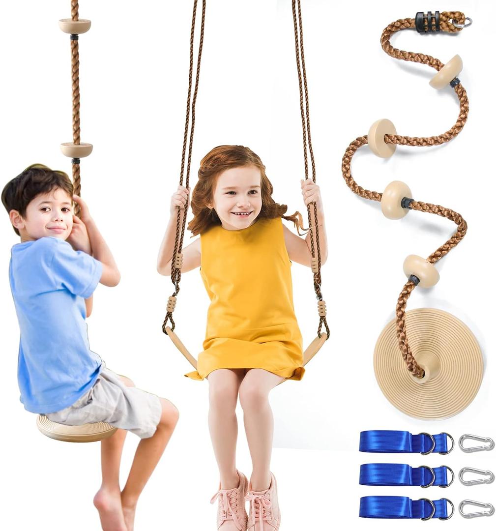 Tree Swing Climbing Rope Pack of 2 Multicolor with Platforms Red Disc Swings Seat - Outdoor Playground Set Accessories Tree House Flying Saucer Outside Toys - Bonus Carabiner and 4 Feet Strap (Khaki)