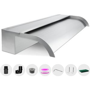 Waterfall Spillway, Stainless Steel Pool Fountain w/Top Open Lip & Pipe Connector Kits for Outdoor/Indoor Decorative, 23.6'' Pool Water Feature for Garden Patio, Backyard Koi Pond Decor (24 INCH-Curved)