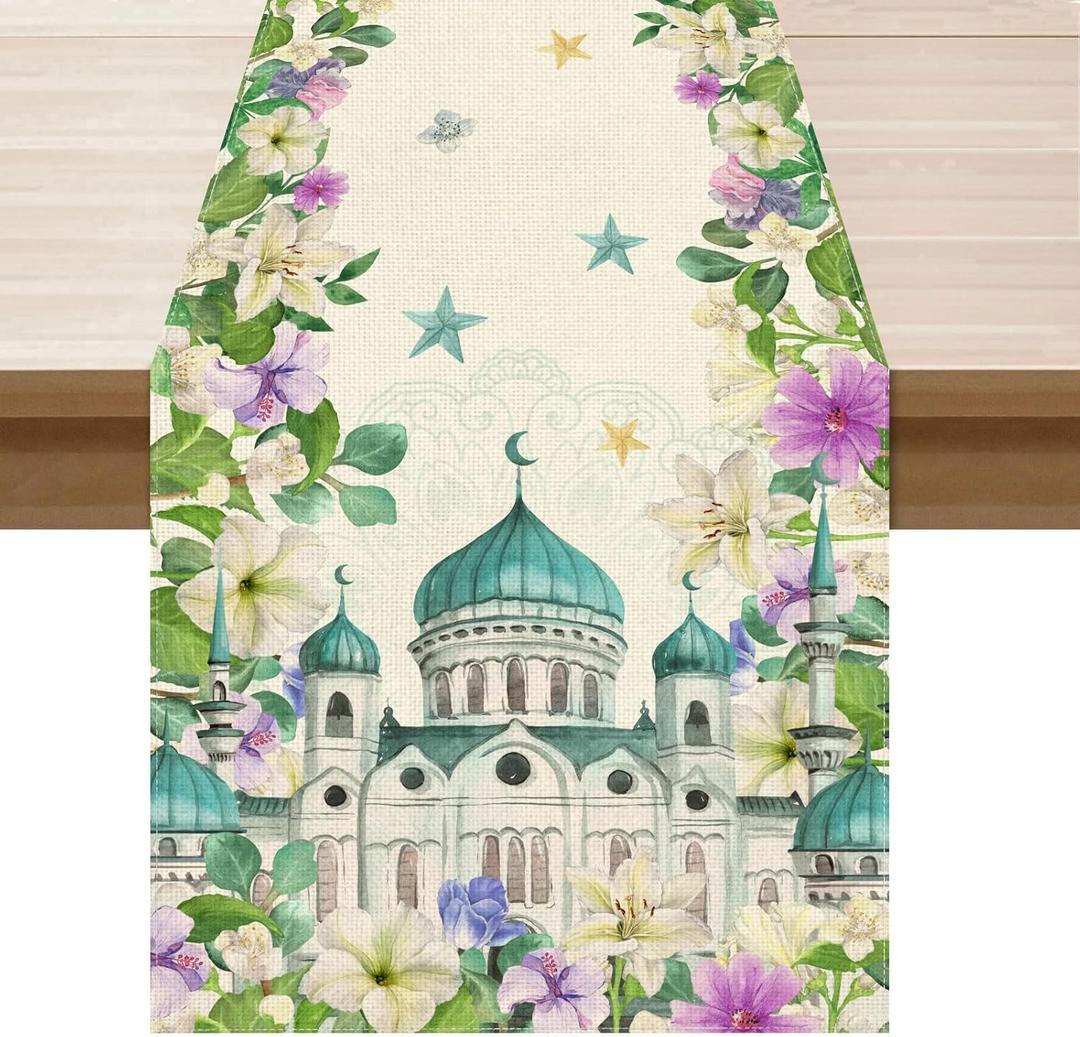XCHI Flowers Castle Stars Ramadan Mubarak Table Runner Table Decoration for Party Home Kitchen Dining Holiday Decor 13x120 Inch