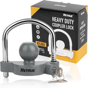 RETRUE Universal Coupler Lock Trailer Locks Ball Hitch Trailer Hitch Lock Adjustable Security Heavy-Duty Steel Fits 1-7/8 Inch, 2 Inch, 2-5/16 Inch Couplers, Grey