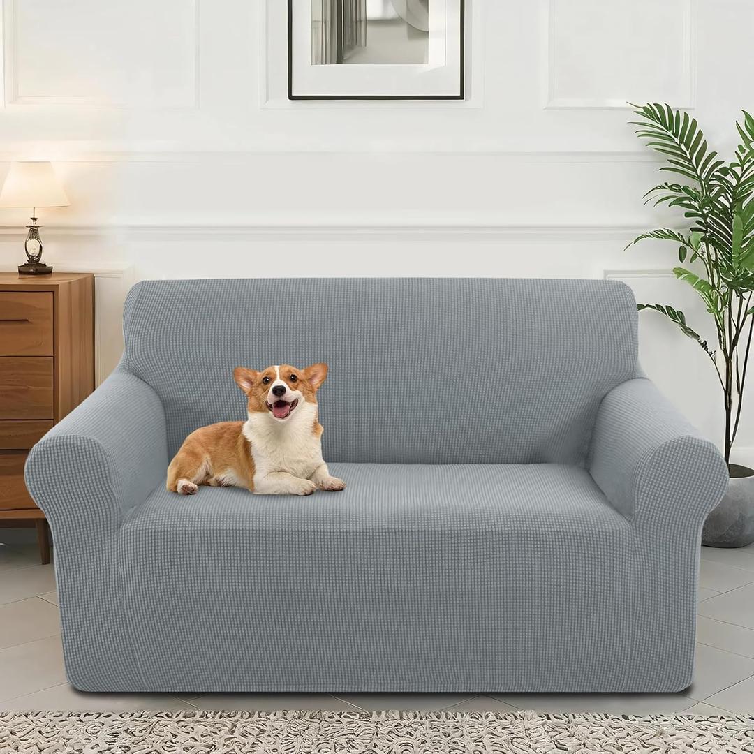 Stretch Couch Cover Washable Sofa Slipcover Furniture Protector with Non Skid Foam and Elastic Bottom for Kids, Dog(Loveseat/Light Grey) (Medium)