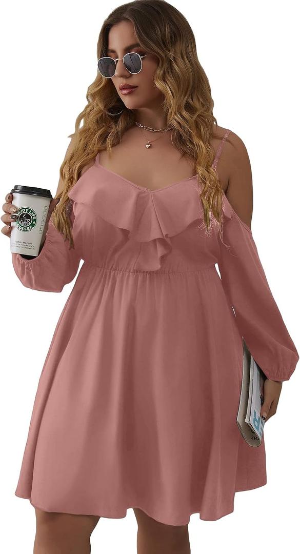 WDIRARA Women's Plus Size Cold Shoulder Ruffle Trim Bishop Sleeve A Line Dress (Pink, XL)