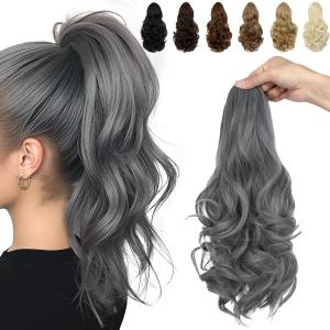 FELENDY 15" Ponytail Extension Drawstring Curly Wavy Ponytail Extensions Clip in Long Pony Tails Hair Cute Synthetic Piece for Women Granny Gray