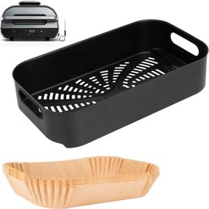 Foodi XL Grill Combo Crisper Basket for Ninja FG551 Foodi Indoor Grill, Non-Stick Air Fryer Basket for Ninja Air Fryer Grills DG551/DG651 Accessories, with 100 Packs Disposable Parchment Paper Liners (Yellow & Black)