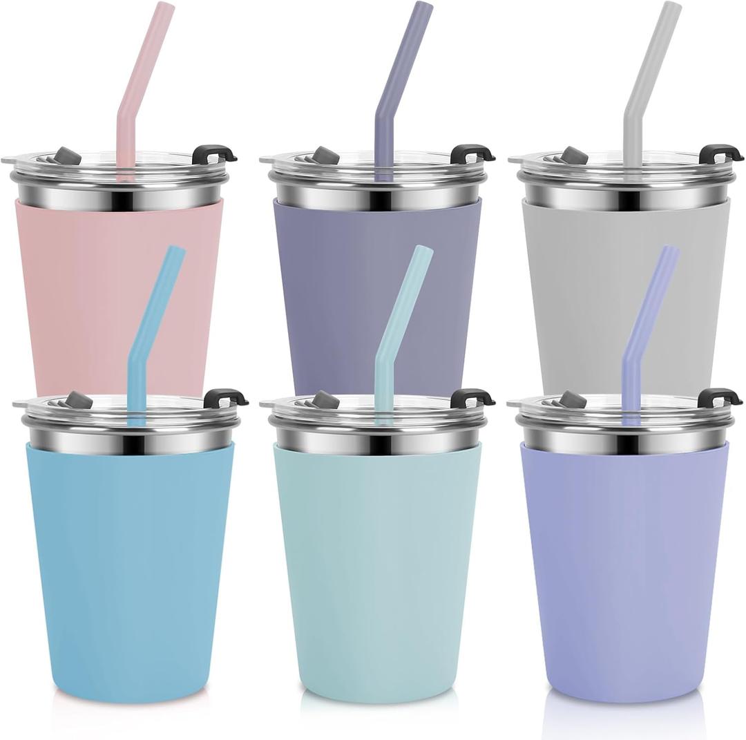 MultiOutools 6 Pack Kids Cups with Straws and Lids, 12oz Unbreakable Stainless Steel Cups with Lids and Straws for Kids, Toddler Cups Spill Proof for Cold Drinks & Hot Drinks, Multicolor (Pink, Dark Gray, Gray, Blue, Green, Purple)