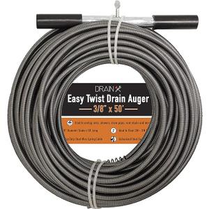 Drainx Easy Twist Drain Auger | Flexible Plumbing Cables for Cleaning Drainage Clogs Includes Storage Bag and Protective Gloves, 3/8" Diameter, 50 FT