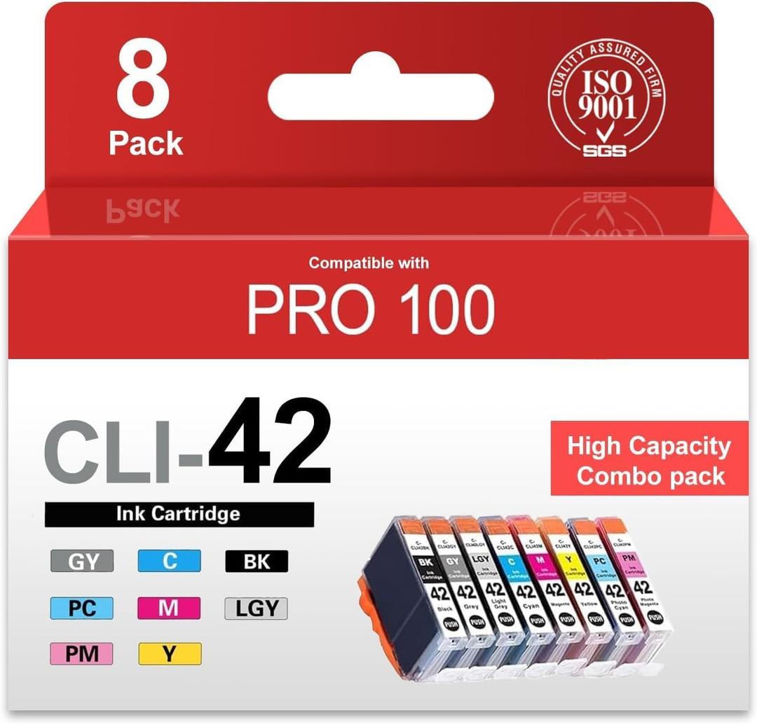 CLI-42 CLI42 Ink Cartridges 8-Pack Compatible PRO 100 Ink Replacement for Canon Ink 42 CLI 42 Ink Cartridge with PRO-100 PRO-100S Printer (BK/C/M/Y/PM/PC/GY/LGY)