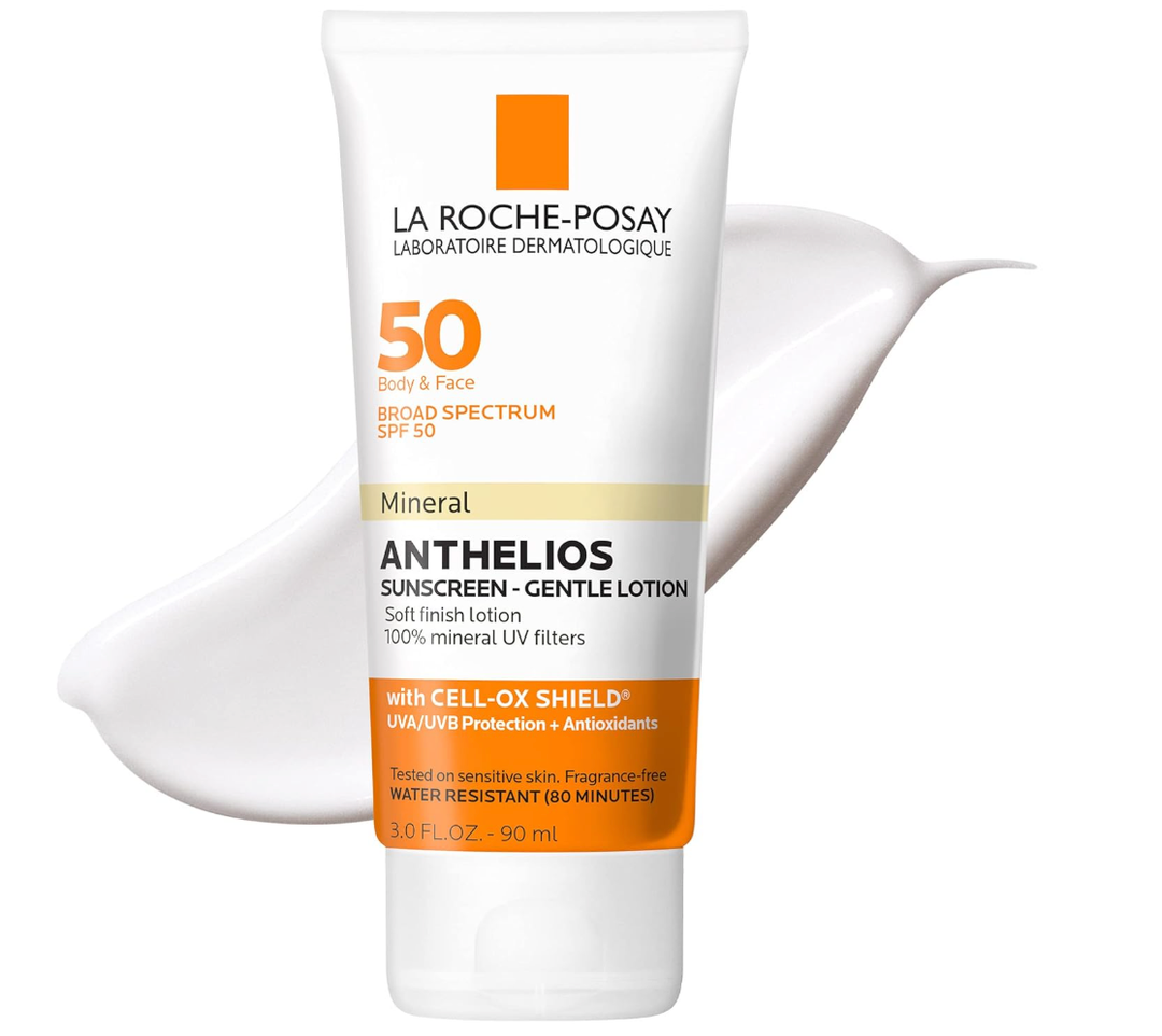 La RochePosay Anthelios Mineral Sunscreen SPF 50 Gentle Lotion, Broad Spectrum SPF + Antioxidants, Face & Body Sunscreen, Titanium Dioxide & Zinc Oxide, Oxybenzone Free, Oil Free