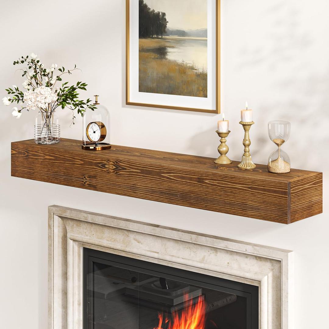 Fun Memories Fireplace Mantel - Handcrafted Hollow Rustic Solid Wood Fireplace Shelves, Wall Mounted Floating Shelf with Invisible Heavy Duty Wood Bracket, 48" x 8" x 5", Brown (Provincial Finish)