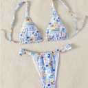 Women's 2 Piece Bathing Suit Graphic Boho Triangle Swimsuits Thong Cheeky Floral Bikini Set (XL)
