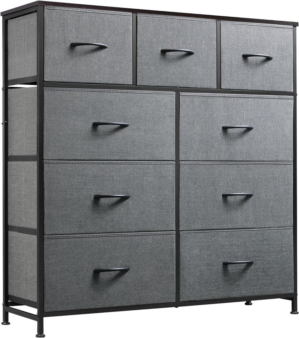 WLIVE 9-Drawer Dresser, Fabric Storage Tower for Bedroom, Hallway, Entryway, Closet, Tall Chest Organizer Unit with Fabric Bins, Steel Frame, Wood Top, Easy Pull Handle, Dark Grey