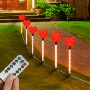YUNVI 6 Pack Valentine's Day Pathway Lights,8 Modes LEDs Red Heart Stake Light with Timer Valentine Walkway String Lights Markers for Outdoor Backyard Patio Lawn Garden Party Decoration