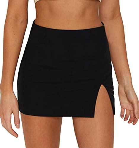 Wrotorea Womens Black Mini Skirt High Waist High Slit Sexy Bodycon Mini Skirt 0290 (M,Black)
