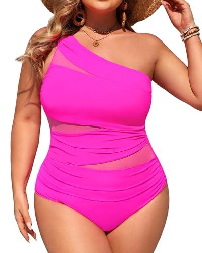 Aqua Eve Plus Size One Piece Swimsuit for Women Tummy Control Bathing Suits One Shoulder Swimwear Hot Pink 20W