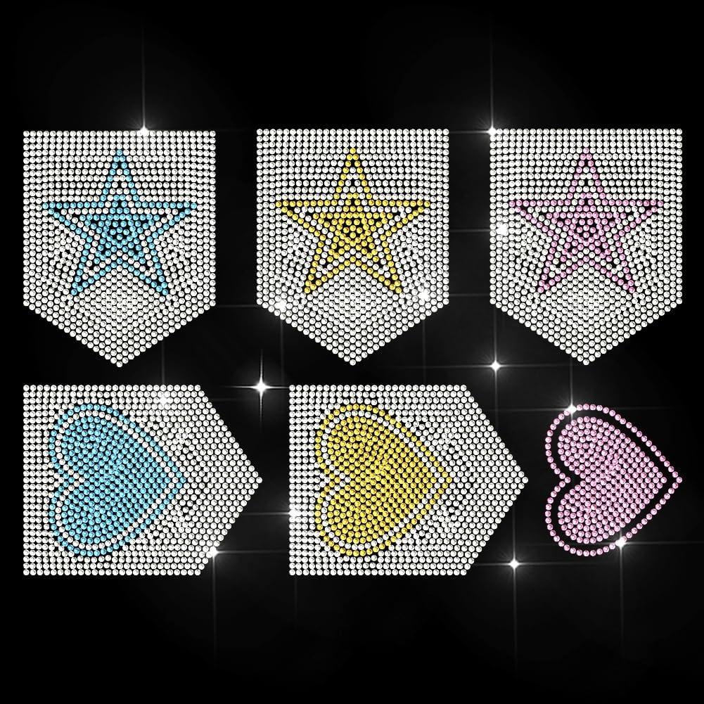 MAYJOYDIY Star Pocket Rhinestone Iron on Hotfix Transfer Heart Pocket Heat Transfer Sticker Pentagram Shape Bling Clothing Decoration Applique for Shirt Bag Hat Jeans Shoes Clothes DIY Crafts