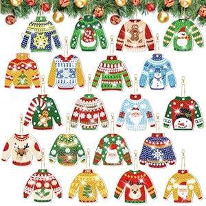 Tondiamo 20 Pcs Christmas Diamond Painting Keychain Kits 5D DIY Diamond Art Pendants Double Sided Hanging Key Chains for Christmas Party Decoration DIY(Sweater Style)
