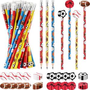 Chivao 36 Set Sports Pencils and Erasers for Kid Baseball Soccer Football Sports Theme Party Favors for Students Back to School Stationery Birthday Gift Supplies Rewards Teacher Prizes