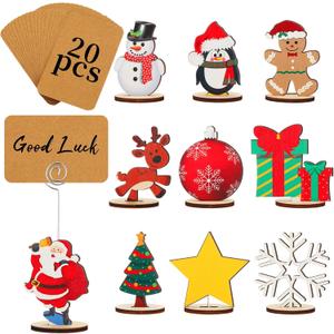 20 Pcs Christmas Wood Place Card Holders Stand Display and 20 Kraft Place Cards Santa Snowman Elk Number Name Photo Picture Clip Holder for Xmas Party Table Decoration(Christmas)