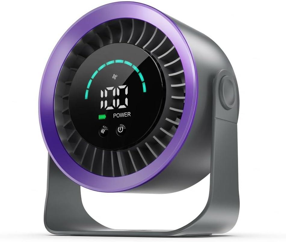 Mini Desk Fan, Small USB Rechargeable Quiet Desktop Fan, Cooling Table Electric Fan with LED Digital Display, 360°Adjustable Tilt for Bedroom, Office & Home (Purple)
