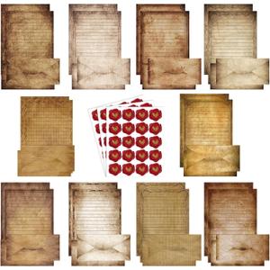 TaoBary 160 Pcs Stationery Paper Set 50 Double Sided Stationery Papers with 50 Matching Envelopes and 60 Round Dot Sticker, 10 Design(Vintage,8.5 x 11 Inch)