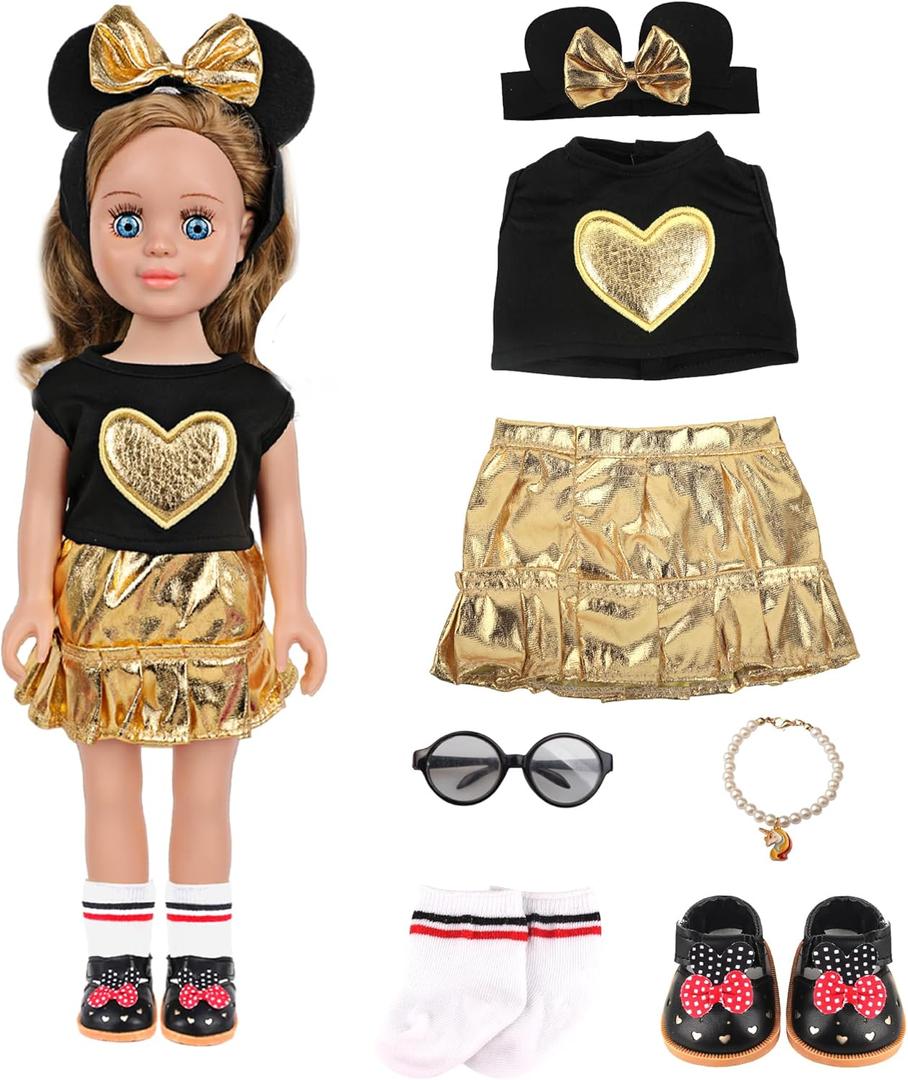 MSYO 17-18 Inch Shiny Gold Doll Clothes 7Pcs Set, Princess Party Doll Dress Up Outfit with Headband Top Skirt Socks Shoes Glasses Necklace, Wedding Pretend Play Doll Gift