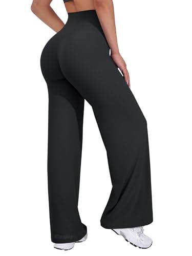 VOYJOY Straight Leggings Bottoms Wide Leg Pants for Women 29"/ 31.5"/33"/35" High Waist Stretch Casual Sweatpants Black M