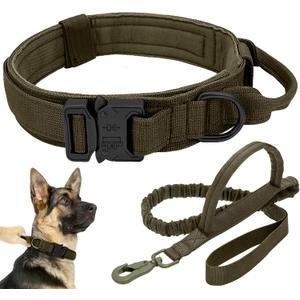 Tactical Dog Collar Leash Set, Adjustable Military Training Nylon Collar Dog Training with Control Handleand Metal Buckle, Dog Collar for Medium Large Dogs (Green, L)