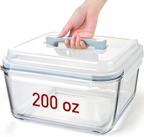 Large Glass Storage Containers with Lids, Big Marinade Food Containers for Rotisserie Chicken Meal Prep Turkey Watermelon Potluck, XL Extra Large Freezer Safe Storage Container Airtight 200oz/26cup