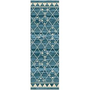 Superior Jarvis Collection Area Rug, 10mm Pile Height with Jute Backing, Fashionable and Affordable Rugs, Geometric Windowpane Pattern over Watercolor Stripes - 2'7" x 8' Runner, Blue and Beige
