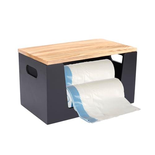Gdfjiy Trash Bag Holder, Wooden Garbage Bag Holder with Handles & Lid, Trash Bag Dispenser Roll Holder, Grocery Plastic Bag Storage, Countertop/Under Sink/Cabinet Organizer (Black)
