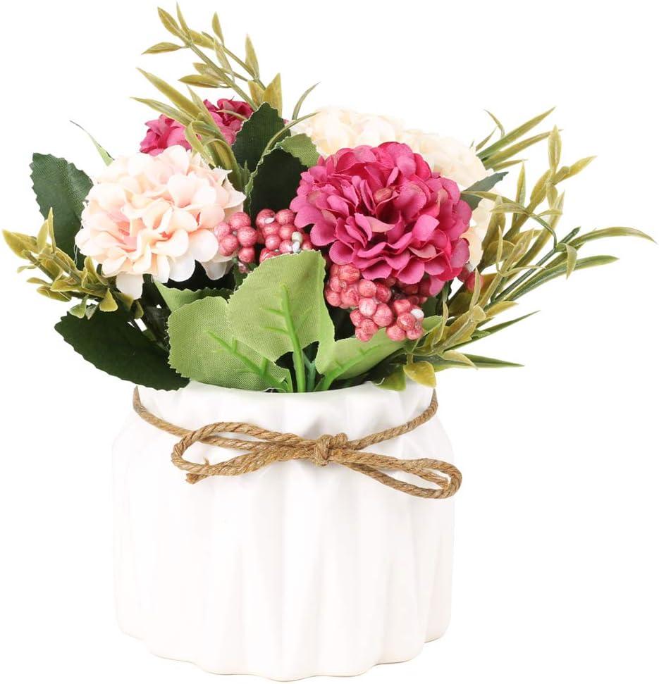 SUPNIU Artificial Hydrangea Bouquet with Small Ceramic Vase Fake Silk Variety Flower Balls Flowers Decoration for Table Home Party Office Wedding (White)