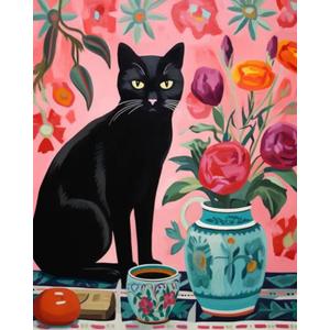 Paint by Number Black Cat on Colotful Rug DIY Cute Floral Vase Painting on Canvas with Brushes Acrylic Paints Pink Paint by Numbers for Adults and Kids Student Beginner 16x20 Inchwithout Frame