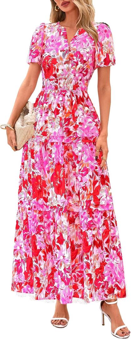 PRETTYGARDEN Women's 2026 Summer Boho Maxi Dresses Floral Short Sleeve V Neck A Line Tiered Flowy Long Beach Vacation Dress, Small