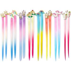12 Pcs Hair Clips for Girls, Animal Straight Rainbow Hair Extensions for Kids, Little Girl Hair Clips Accessories for Girls Toddler Kids Ponytails
