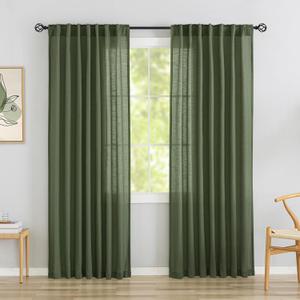 DONREN Loden/Dark Olive Linen Back Tab Curtains 92 Inches Long 2 Panels Set for Living Room - Boho Energy Saving Semi Privacy Sheer Curtains Rod Pocket Light Filtering Curtains for Patio Door Doorway (52"W x 92"L (Pack of 2), Olive Green)