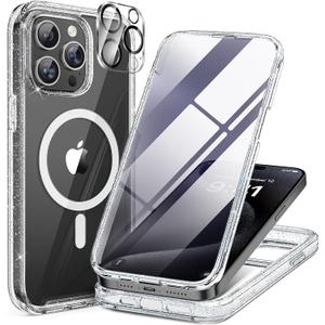 Miracase Magnetic for iPhone 15 Pro Max Case 6.7'' [Compatible with Magsafe] Full-Body Drop Proof Phone Case for iPhone 15 Pro Max with Built-in 9H Tempered Glass Screen Protector,Clear Glitter