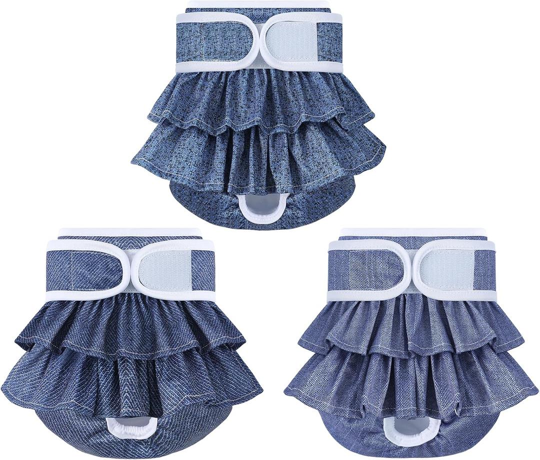 Reusable Dog Diapers Female 3 Pack Doggie Diapers for Period Heat Incontinence Puppy Training (X-Small, Jeans)