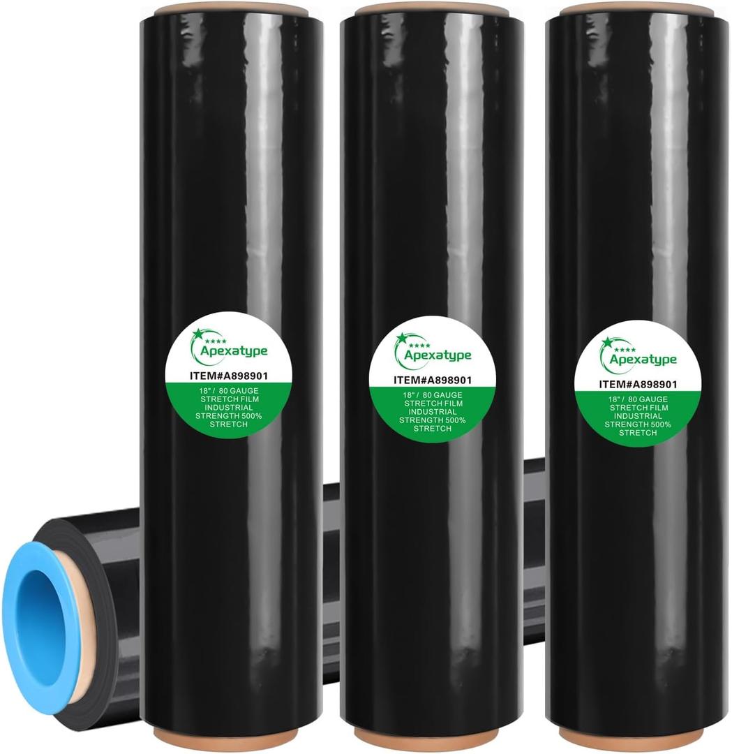 18" x 1500' Black Plastic Shrink Wrap Roll - 80 Gauge, 500% Stretch Industrial Strength Moving Wrap, Heavy Duty Pallet & Furniture Protection - 4 Roll Bundle Stretch Wrap with Handles