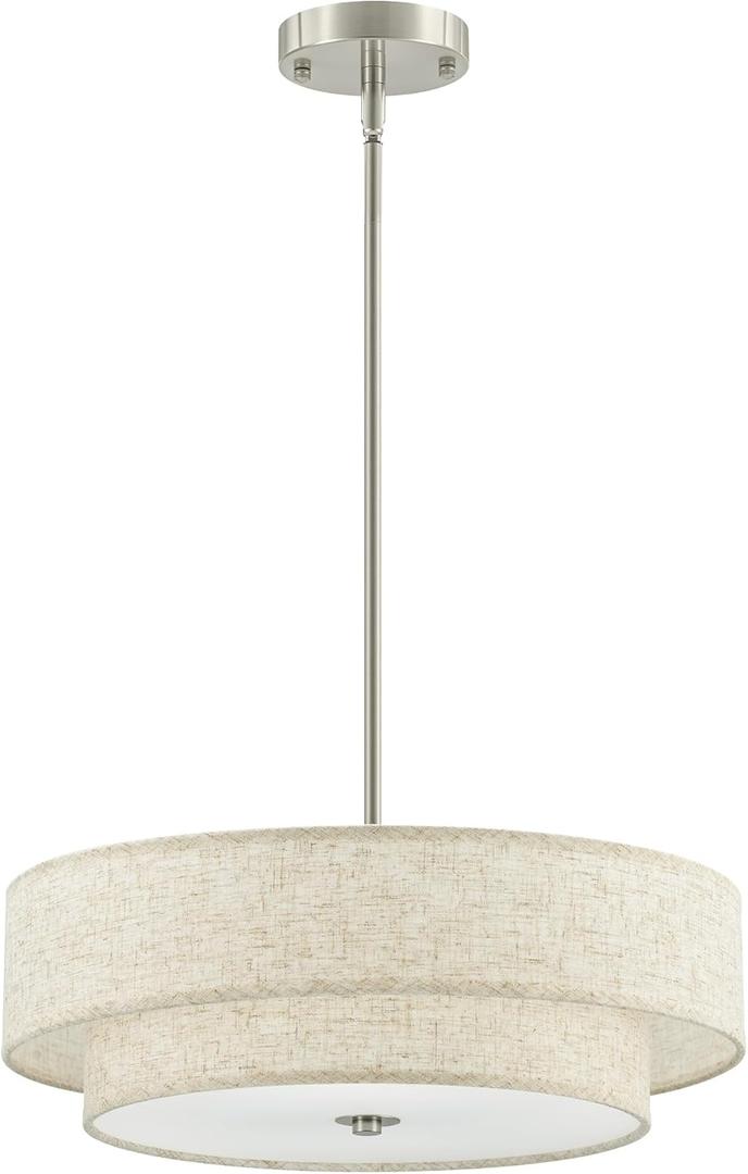 VONLUCE Modern Chandeliers, 18" Drum Chandeliers with 2-Layer Fabric Shade, 4-Light Pendant Light Fixture with E26 Base, Light Fixture for Dining Room Bedroom Living Room, Linen Shade & Nickel Finish