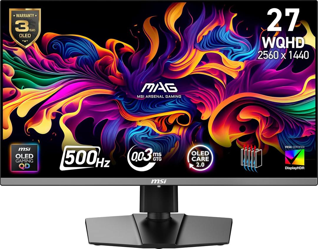 msi, MAG 272QP QD-OLED X50, 27-Inch, WQHD, 2560x1440, Gaming Monitor, Quantum Dot OLED Panel, 500Hz, 0.03ms, DisplayHDR True Black 500, HDMI 2.1, DP 1.4a, USB C (15WPD), Tilt/Height Adjustable, Black