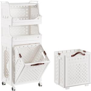 3-Tier Laundry Basket Organizer with Wheels, Stackable Laundry Baskets, Vertical Laundry Hamper Sorter 3 Section with Removable Laundry Basket for Small Apartments, Dorm, Singles, Smaller Households