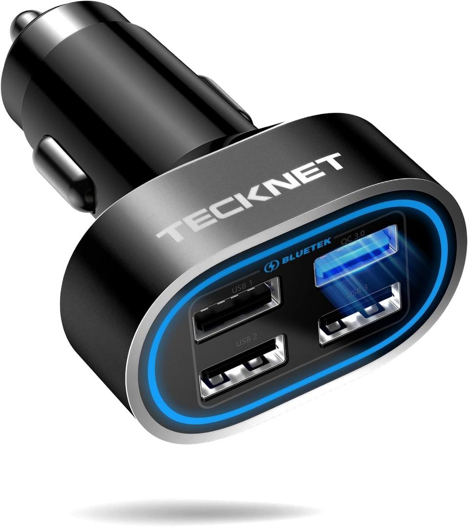 TECKNET USB Car Charger, 54W 4-Port Car USB Charger Multi Port Adapter, QC 3.0 Port Cigarette Lighter Charger, Fast Charging Adapter, Compatible with iPhone 15 Pro Max/15 Plus/15/14/13Dark Black