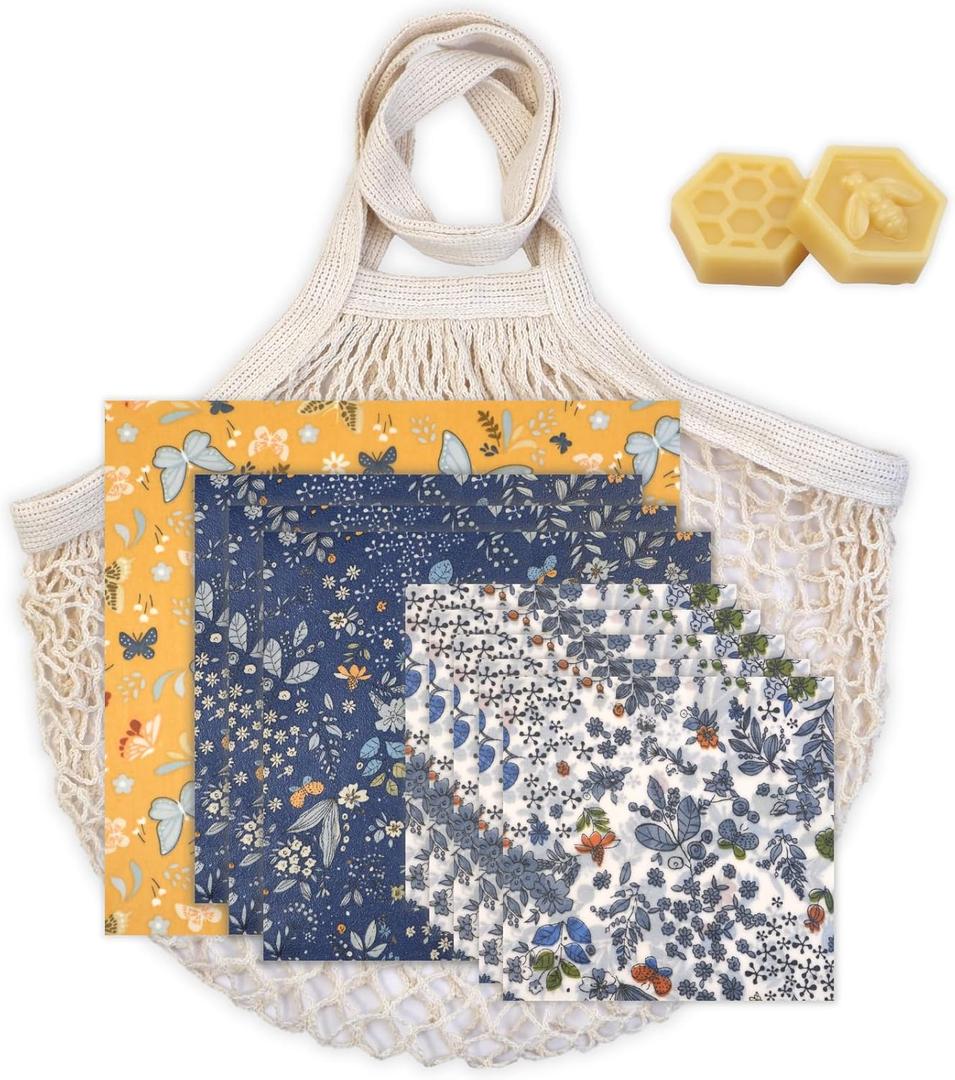 BYTTME Reusable Beeswax Wrap - 9 Pack Beeswax Wraps for Food, Eco-Friendly Beeswax Food Wraps, with Mesh Grocery Bag & 2 Beeswax Bars, Reusable Food Storage Wrap Set, Sustainable Gifts