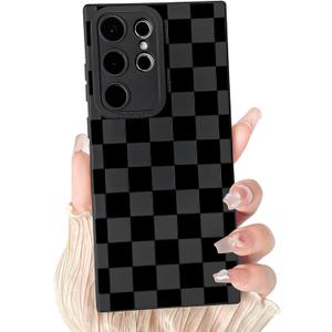 Tnarru for Samsung Galaxy S24 Ultra Case [Support Wireless Charging] Hard PC Back & Soft TPU Non-Slip Sides Scratchproof Protective Cover Slim Thin Case for Galaxy S24 Ultra Checkered Black