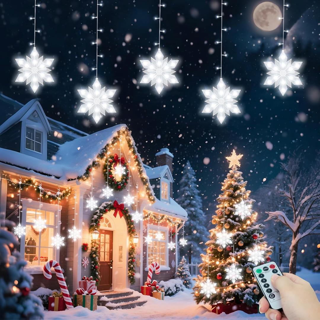 SoulBay Christmas Snowflake Lights with Remote, 84 LED 7.9FT Battery Operated Large Lighted String Lights with 5 Drops, Indoor Outdoor Hanging Decorations for Home Party Porch Holidays Window
