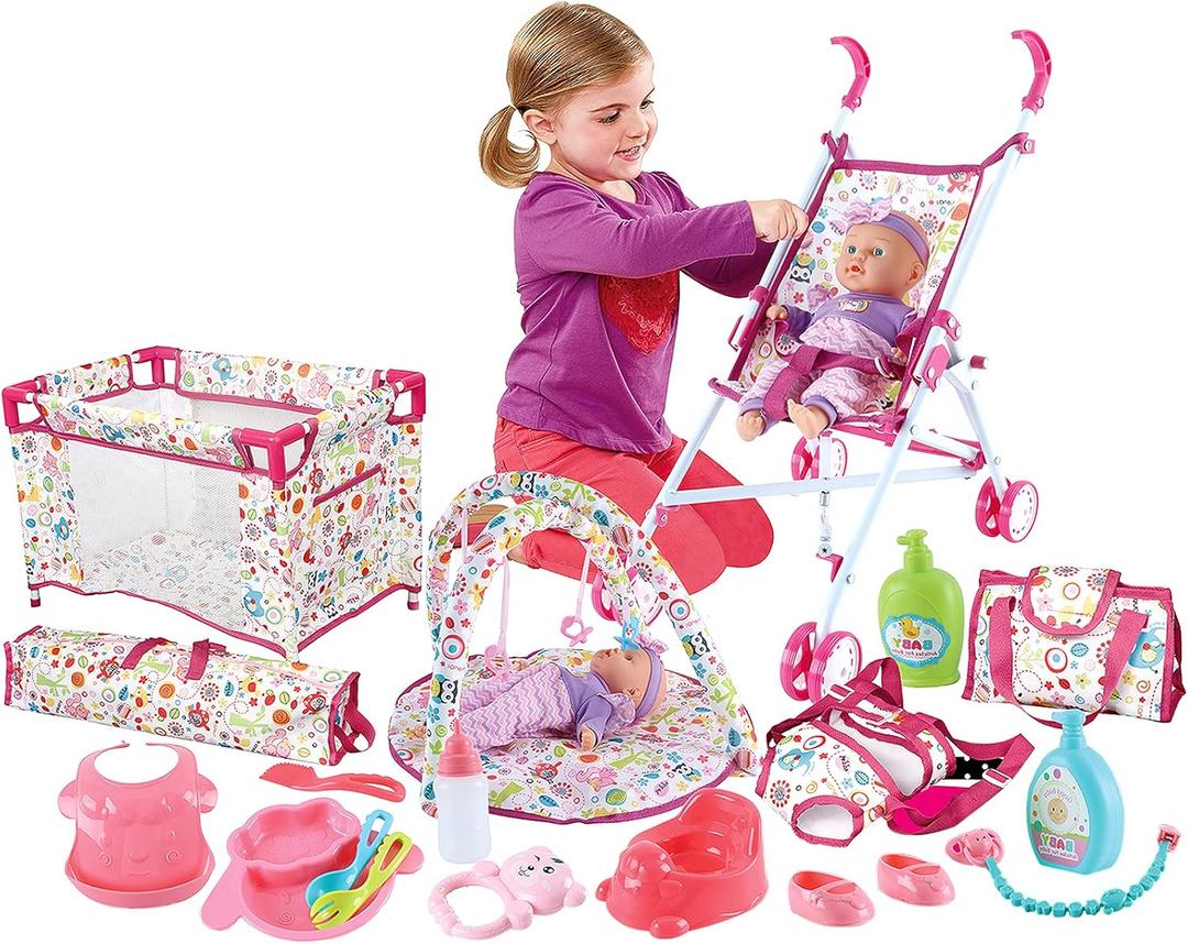 DeAO Kids Baby Doll Stroller Nursery Role Play Set with a Variety of Feeding Toy and Play Mat Travel Cot Baby Carrier Stroller and Travel Bag