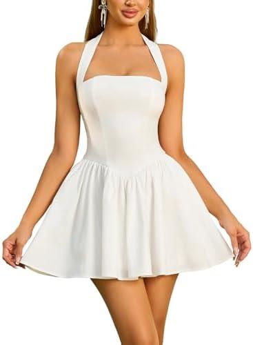 Parthea Women's Summer Halter Mini Corset Dress Backless A Line Flowy Cute Backless Short Sundress, Size L