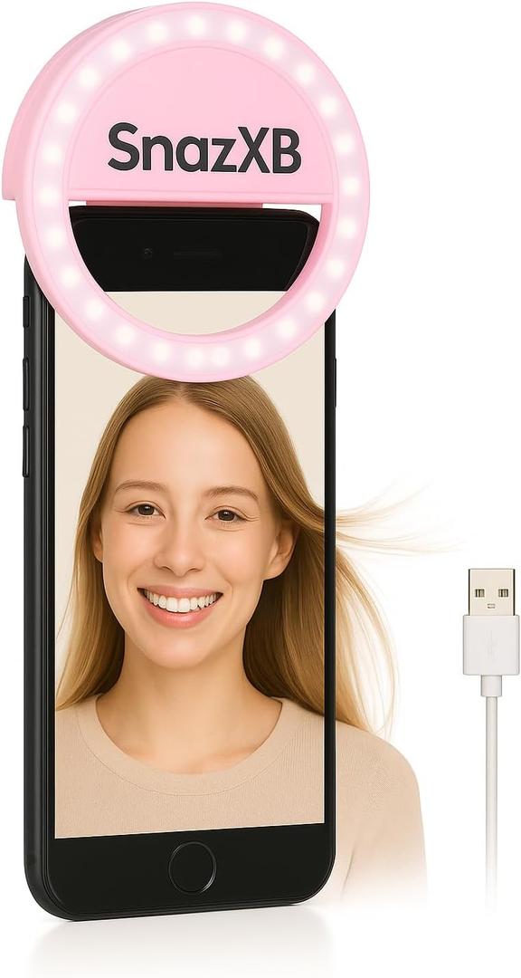 Rechargeable Selfie Ring Light - SnazXB Portable Clip-On Fill Light with 36 LEDs for iPhone/Android Photography, Tiktok, Social Media Pictures and Video Camera, Girls Makeup (Pink)