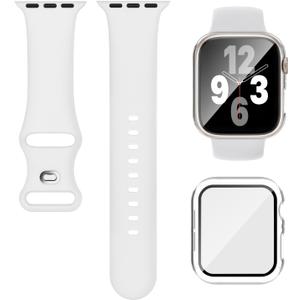 Compatible for Apple Watch Band 40mm 41mm and Case with Screen Protector, Soft Silicone Sport Strap Bands and Protective Cover with Tempered Glass for iWatch Series 9 8 7 SE 6 5 4 (White/Clear)
